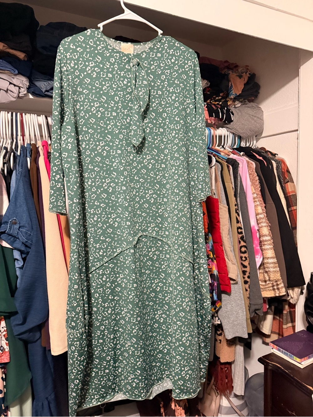 Green Floral Tie-Neck Women's Dress